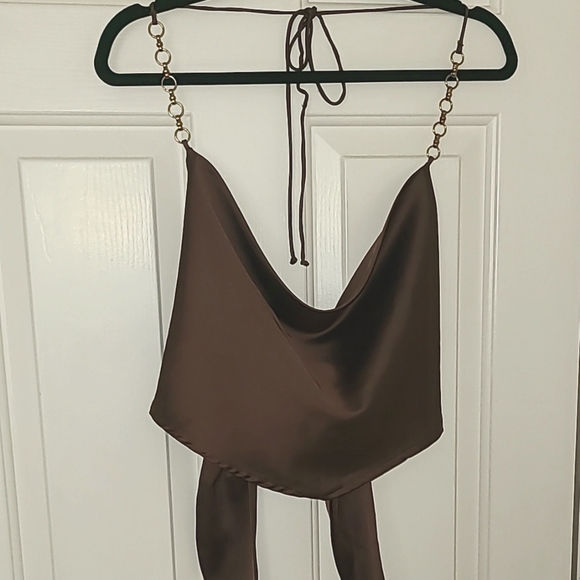 Windsor Tops - Sexy Brown Satin Halter Top Gold Chain Straps Size Large Tie Back Draped Front